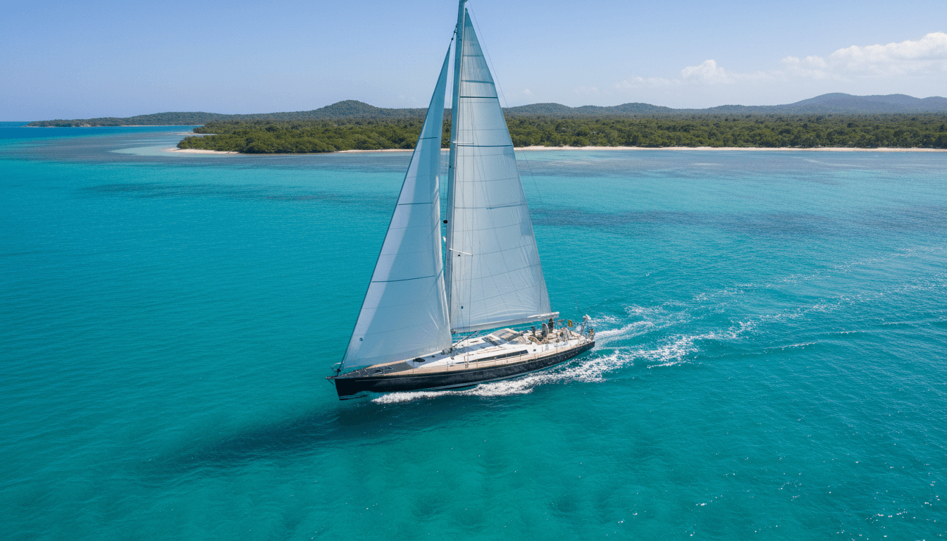 Luxury Pendennis yacht sailing in clear Panamanian Pacific waters, showcasing elegance and performance.