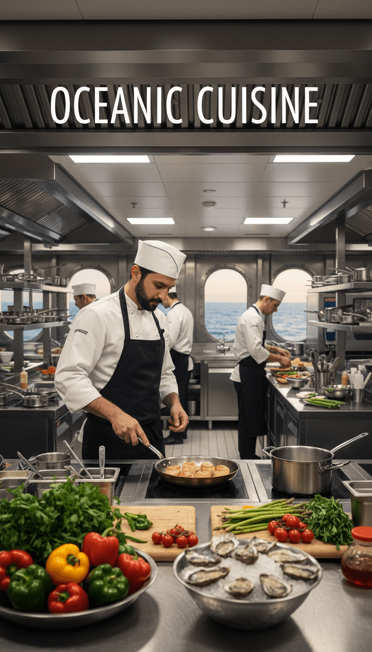 Cocina de alta calidad preparando gastronomía gourmet a bordo