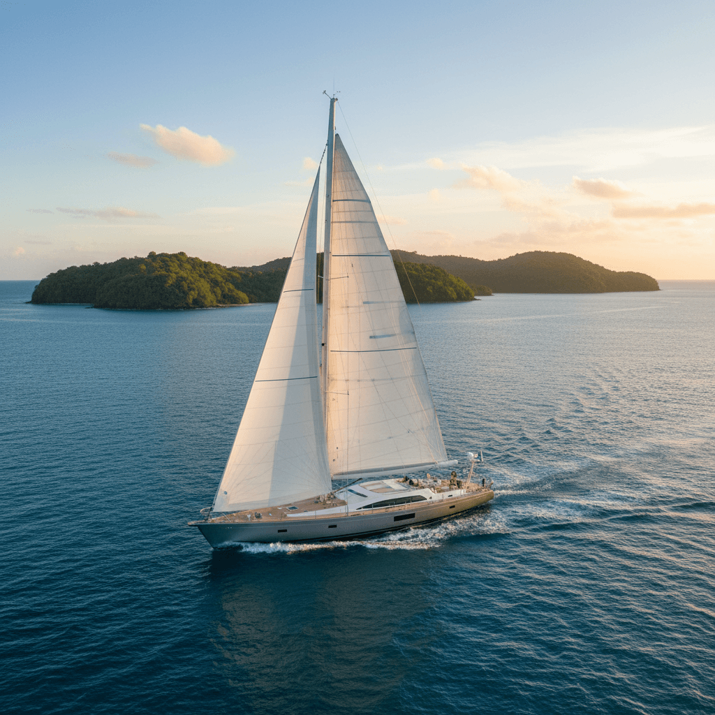 Luxury yacht sailing in the Pacific with tropical islands in the background