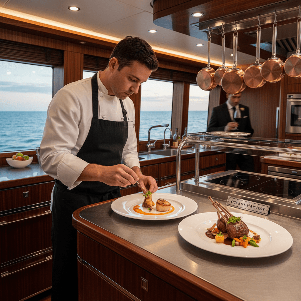 Preparación de gastronomía gourmet en la cocina del yate