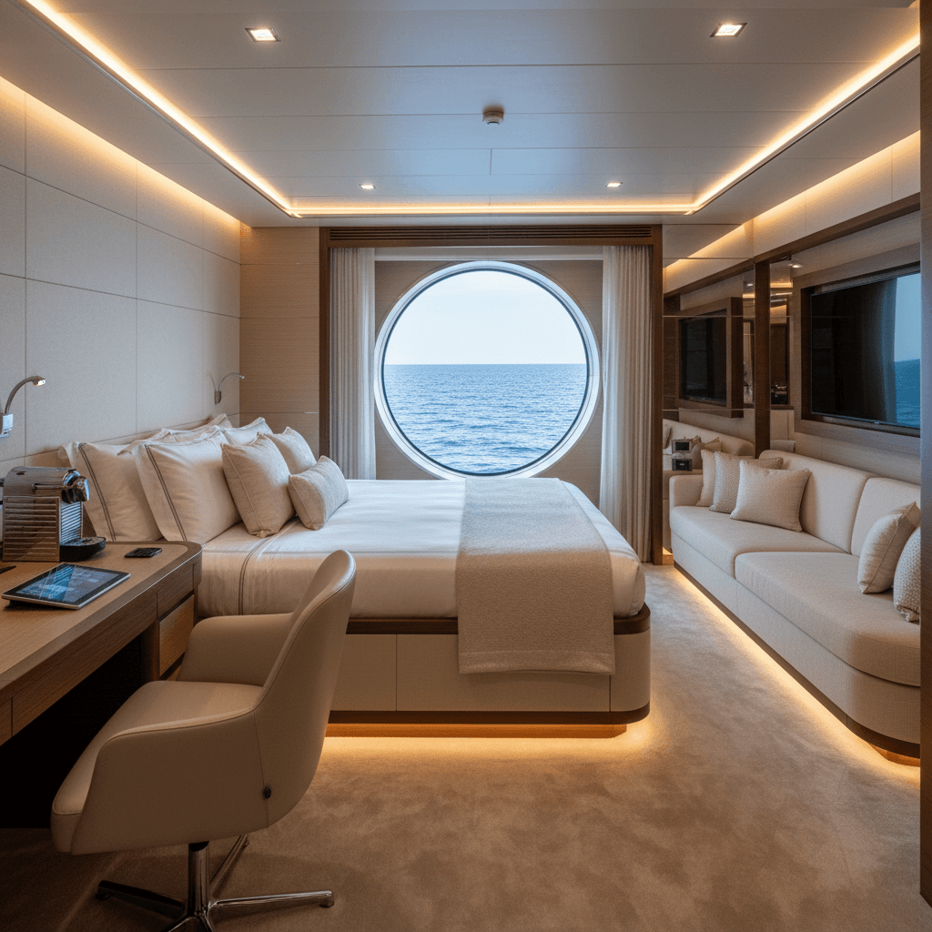 Camarote de lujo con vistas al océano en el yate