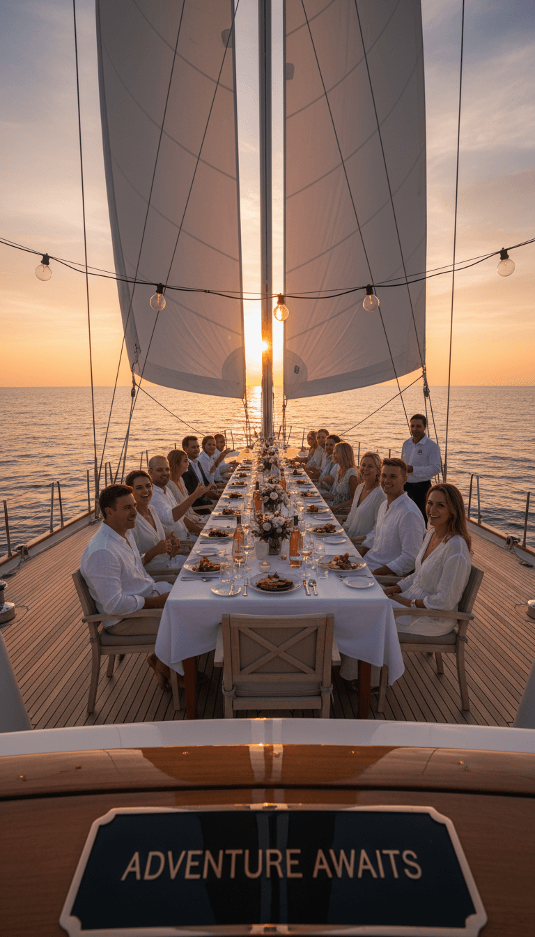 Cena al atardecer en la cubierta del yate con vistas del océano
