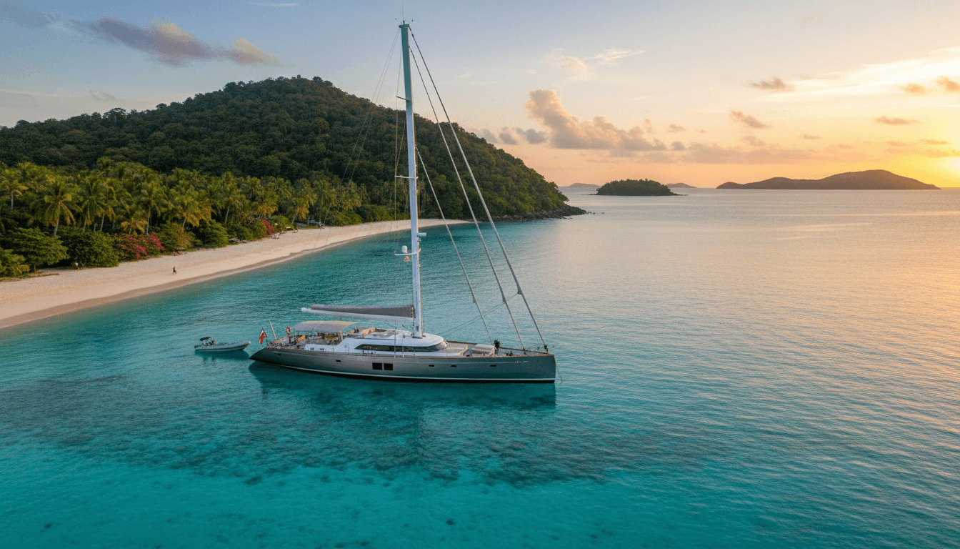 Yate Pendennis de lujo anclado en aguas cristalinas del Pacífico panameño