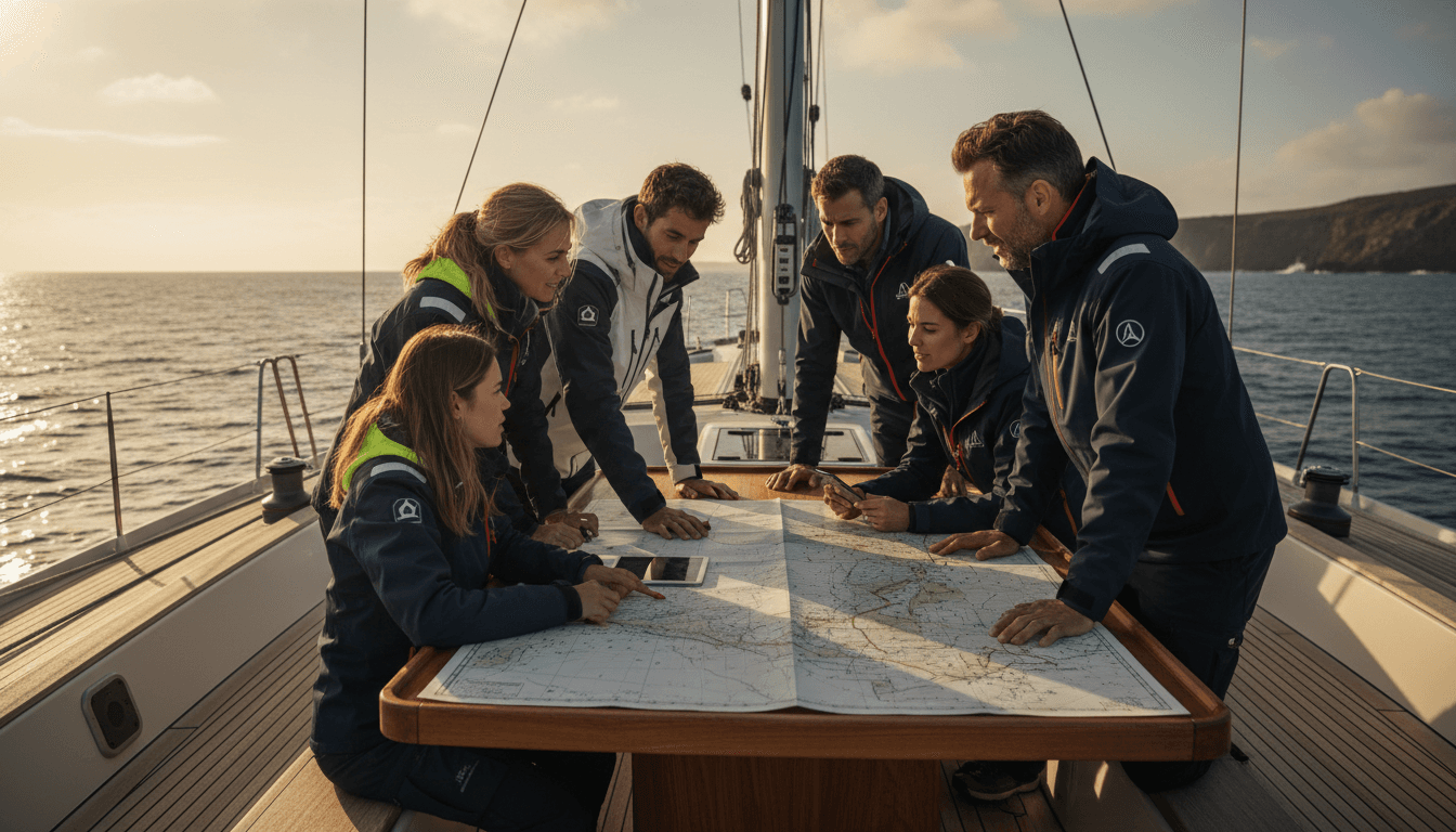 OCEAN PHOENIX sailing vessel in the Pacific with crew preparing an elegant meal deck