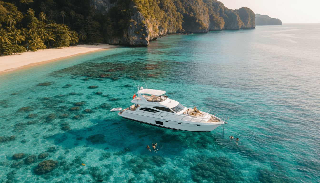Vista aérea del yate anclado en aguas tropicales de Panamá